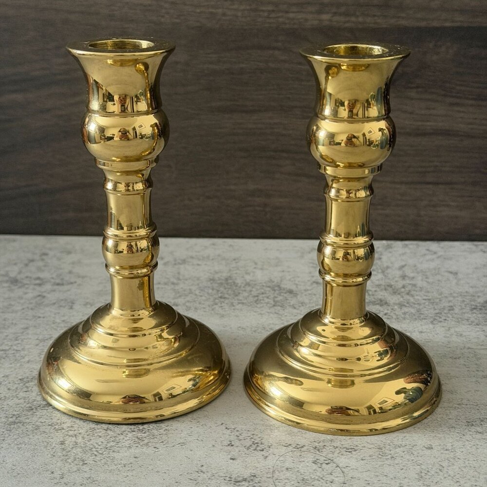 Vintage Virginia Metalcrafters Brass Single Taper Candlesticks Set of Two 5.25"